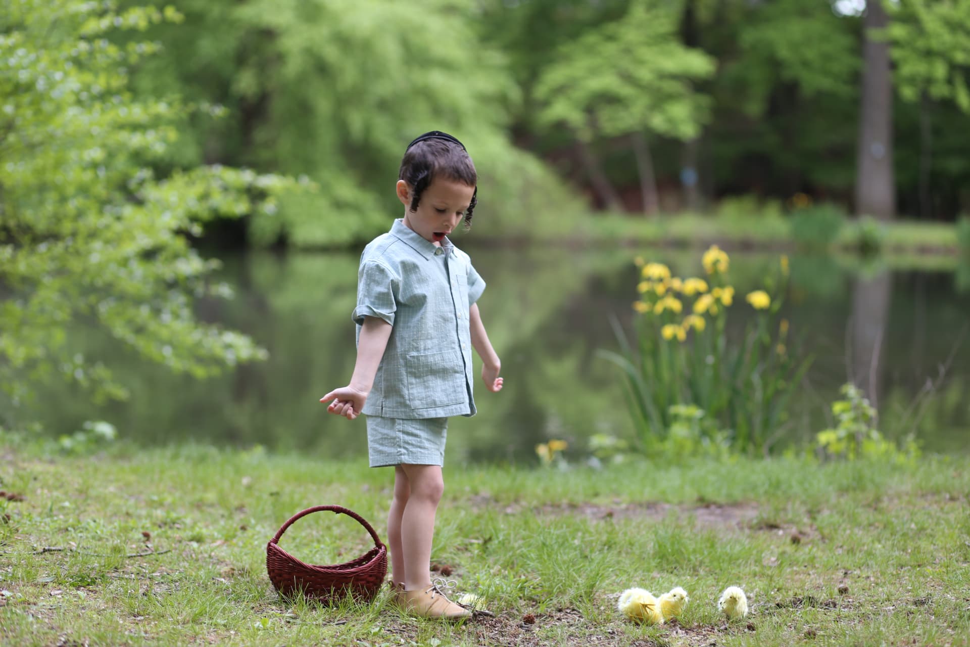A boy, his basket, and the daffodils by the water.