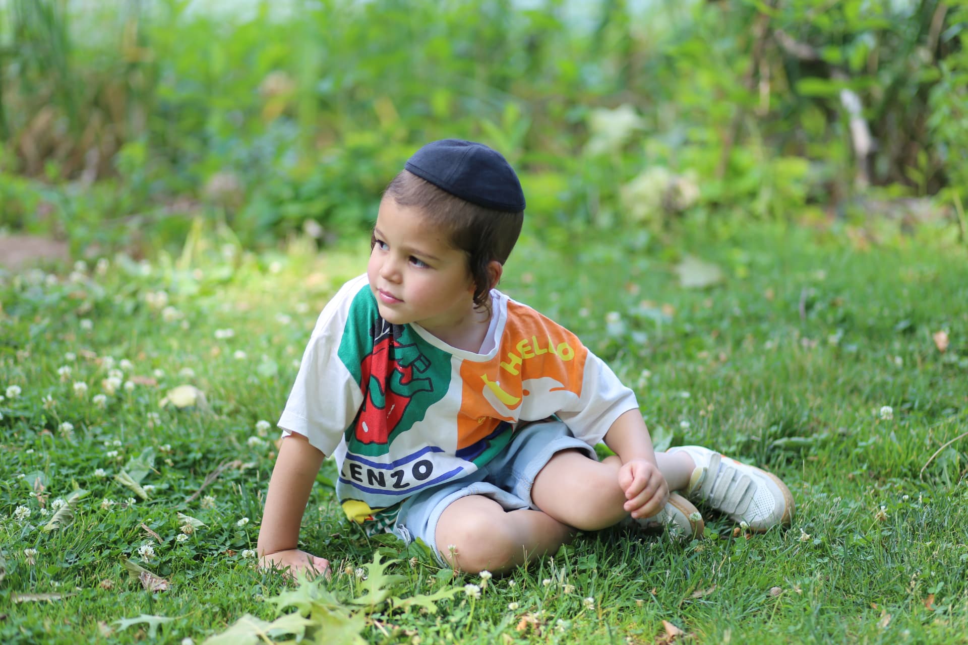 A boy sitting in the backyard grass.